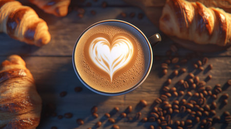 Beautifully crafted coffee with heart-shaped latte art sits in a cozy cup paired with golden croissants and coffee beans, creating a warm breakfast scene.の素材