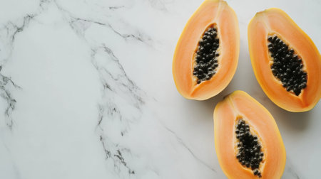 Vibrant papaya halves reveal their rich orange flesh and glossy black seeds, perfect for adding a tropical touch to dishes or creating healthy snacks and desserts.の素材