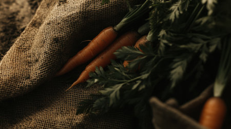 This image features freshly harvested carrots with vibrant green leaves resting on rustic burlap, representing a natural and wholesome farm-to-table experience.の素材