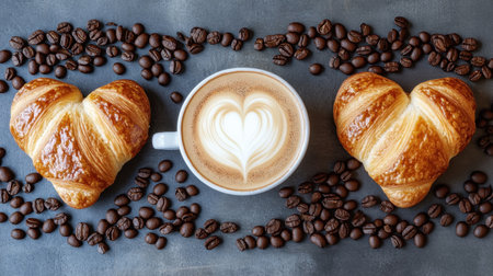 A delightful arrangement featuring heart-shaped croissants paired with a steaming cup of coffee showcasing elegant latte art, surrounded by roasted coffee beans.の素材