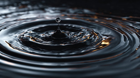 Discover the mesmerizing beauty of a single water droplet creating ripples on a dark surface, evoking a sense of calm and fluid dynamics in nature.の素材
