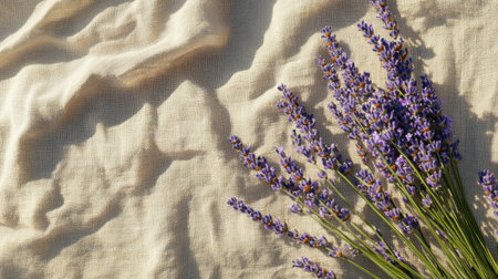 Delicate lavender flowers rest on a soft, cream linen fabric, capturing natural light beautifully. A serene and peaceful composition perfect for home decor or wellness themes.の素材