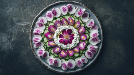Stunning culinary art featuring a vibrant arrangement of edible flowers and fresh vegetables, ideal for promoting gourmet cuisine or creative food presentations.の素材