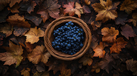A beautiful arrangement of blue grapes in a woven basket rests on a bed of vibrant autumn leaves, highlighting the essence of seasonal bounty and natural beauty.の素材