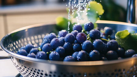 A beautiful close-up of fresh blue grapes being rinsed in a stainless steel colander, showcasing sparkling water droplets and vibrant green leaves in the background.の素材