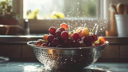 A stunning moment capturing fresh grapes splashing in a bowl under warm kitchen sunlight, emphasizing freshness and vitality in a culinary setting.の素材