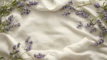 A serene arrangement of lavender flowers on soft fabric creates an elegant backdrop perfect for creative projects, interior design, and tranquil settings.の素材