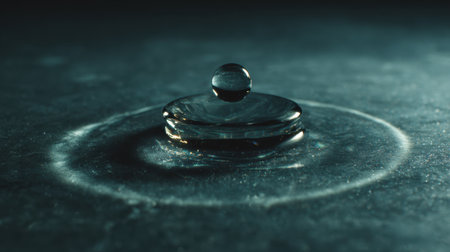A captivating close-up of a water droplet creating ripples on a dark surface, showcasing the beauty of nature through soft lighting and excellent focus in a studio setting.の素材