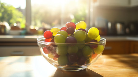 A beautiful display of assorted grapes shines in natural sunlight from a window, highlighting the freshness and vibrancy of this healthy snack option in a home kitchen.の素材