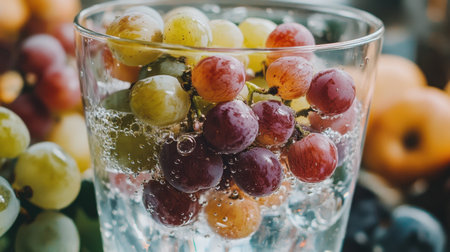 A close-up view of a refreshing glass filled with mixed grapes and sparkling bubbles, representing a healthy beverage choice amidst a colorful assortment of fruits.の素材