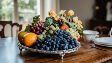 A stunning arrangement of fresh fruits including blueberries, grapes, and apples displayed on an elegant silver tray, capturing a warm and inviting dining atmosphere.の素材