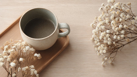 Capture the essence of minimalism with a coffee cup on a wooden tray, accented by delicate dried flowers, creating a peaceful and inviting atmosphere.の素材