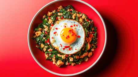 A vibrant red bowl features a delicious fried egg atop a bed of sautの素材