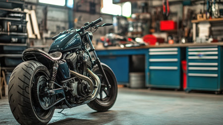 A striking custom motorcycle stands prominently in an industrial workshop, surrounded by various tools, showcasing the artistry of motorcycle building and repair.の素材