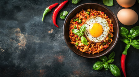 A vibrant breakfast bowl featuring a perfectly fried egg on a bed of vegetables, peppers, and fresh herbs, set against a dark stone backdrop, showcasing a healthy meal choice.の素材