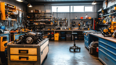 A well-organized workshop featuring various tools and equipment ideal for mechanics, showcasing a bright and functional design, perfect for any DIY enthusiast or professional.の素材