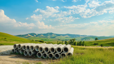 A picturesque view of stacked concrete pipes resting on a dirt path, surrounded by lush greenery and rolling hills under a vibrant sky with scattered clouds.の素材