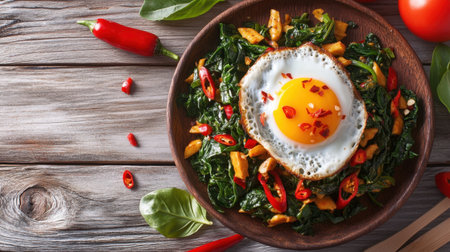 A vibrant and appetizing plate featuring stir-fried greens topped with a perfectly fried egg and garnished with spicy peppers on a rustic wooden table.の素材
