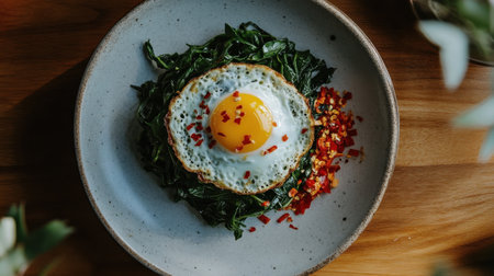 A beautifully arranged dish featuring a sunny-side up egg atop sautの素材