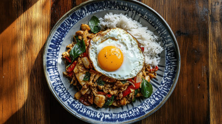 A vibrant dish featuring stir-fried chicken with vegetables, topped with a sunny-side-up egg and served alongside fluffy rice, offering a delightful meal experience.の素材