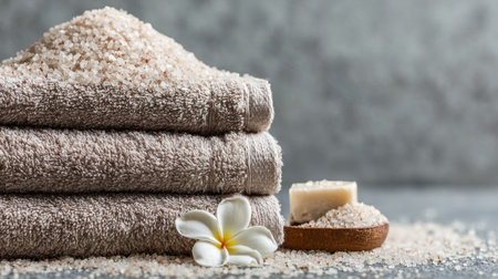 This image showcases a stack of soft towels next to spa salt and a flower, embodying tranquility and wellness for a perfect self-care day. Perfect for wellness projects.の素材