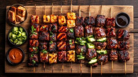 A stunning display of skewers featuring grilled meats and vibrant vegetables, complemented by sauces and garnishes, perfect for any gathering or meal occasion.の素材