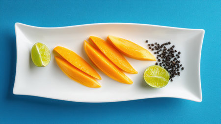 This vibrant arrangement features fresh mango slices paired with lime and black seeds, creating a delicious and visually appealing culinary presentation.の素材