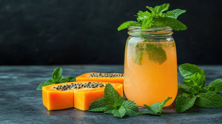 A vibrant beverage made from fresh papaya and mint is set in a jar, accompanied by sliced papaya and mint leaves, embodying a refreshing summer drink.の素材