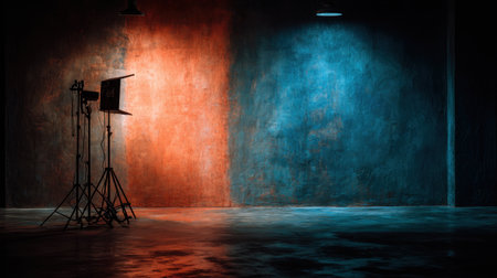 A vibrant studio background showcases a striking interplay of red and blue lighting against textured walls, ideal for various creative photography and film projects.の素材