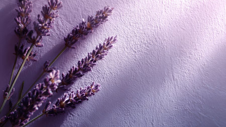 A stunning arrangement of lavender stems resting on a soft purple background, showcasing delicate details and textures perfect for relaxation and floral presentations.の素材