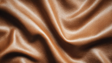 Close-up image of tan leather fabric displaying a smooth and glossy texture with elegant folds, perfect for design projects and decorative work.の素材