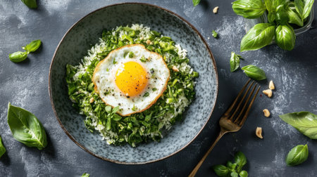 This appetizing rice bowl features a perfectly fried egg resting on a bed of fresh green herbs, showcasing vibrant colors and appealing textures, ideal for food lovers.の素材