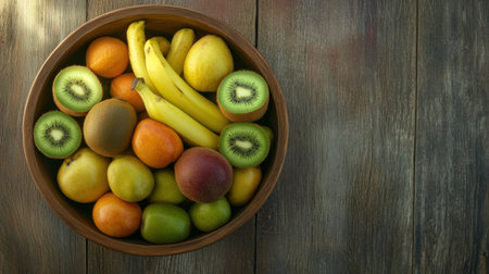 A vibrant arrangement of fresh fruits including bananas, kiwis, and oranges in a wooden bowl, set on a rustic table. Ideal for promoting healthy eating choices.の素材