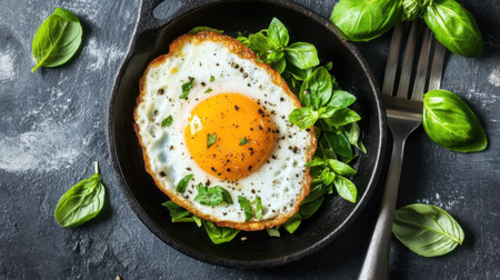 A delicious fried egg sits elegantly on a bed of fresh basil leaves in a rustic skillet, offering a visual feast with its vibrant colors and inviting textures.の素材