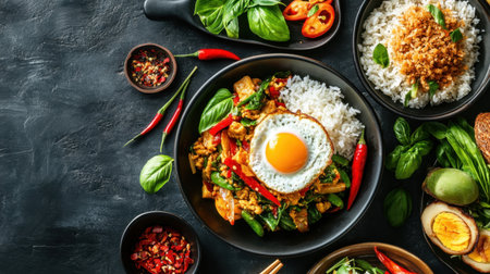 A visually appealing arrangement of Asian-inspired dishes featuring stir-fried vegetables, warm rice, a fried egg, and fresh herbs against a dark background.の素材