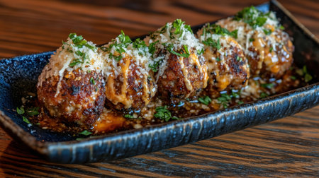 A stunning view of savory meatballs garnished with cheese and herbs served on an elegant plate, perfect for showcasing culinary creativity and delightful dining experiences.の素材