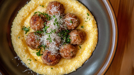 A beautifully plated dish featuring creamy polenta topped with savory meatballs, garnished with fresh herbs and grated cheese, perfect for home cooking or dining.の素材