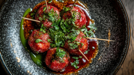 Indulge in a beautifully presented dish of spiced meatballs topped with fresh herbs and savory sauce, perfect for culinary enthusiasts and food photography.の素材