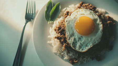 A stunning plate features fluffy rice topped with savory ground meat and a fried egg, embodying comfort and deliciousness, enhanced by fresh herbs and natural light.の素材