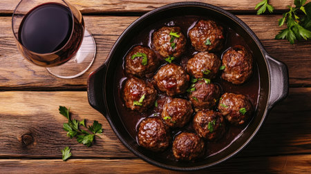 A beautiful presentation of juicy meatballs simmered in a rich sauce, perfectly complemented by a glass of red wine. Ideal for any dining occasion or celebration.の素材