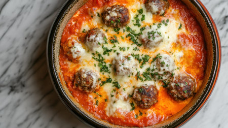 A mouthwatering dish featuring meatballs bathed in rich marinara sauce, topped with melted cheese and garnished with fresh parsley against a beautiful marble backdrop.の素材