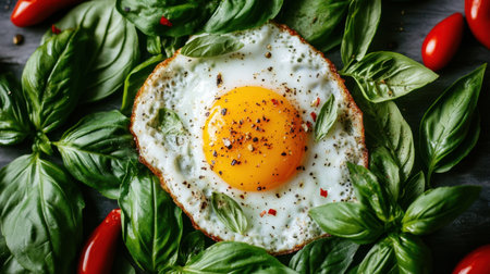 A beautifully presented fried egg sits atop a vibrant layer of fresh basil leaves and cherry tomatoes. This image captures the essence of healthy cooking.の素材