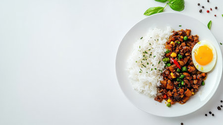 A visually appealing plate of savory minced meat with vegetables and steamed rice, topped with a soft-boiled egg, ideal for showcasing culinary artistry.の素材