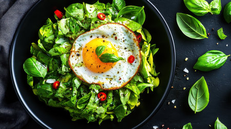This vibrant image showcases a fresh salad featuring spinach, a sunny-side-up egg, and colorful chili peppers, ideal for health and nutrition inspiration.の素材