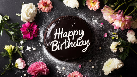 A mouth-watering chocolate birthday cake sits at the center, adorned with elegant flowers, creating a festive atmosphere for celebrations and joyful gatherings.の素材