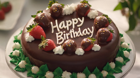 This beautifully designed chocolate birthday cake features fresh strawberries, rich truffles, and decorative cream, perfect for celebrating special occasions and creating joyful memories.の素材