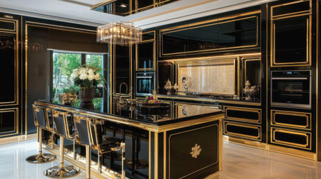 Discover a luxurious kitchen space with a striking black and gold theme, featuring an elegant island, stylish bar seating, and exquisite decorative details in a modern setting.の素材