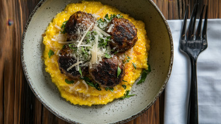 A delicious bowl featuring creamy grits topped with perfectly cooked meatballs, garnished with fresh herbs and cheese for a delightful culinary experience.の素材
