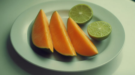 A beautiful arrangement of fresh orange and lime slices on a white plate, showcasing vibrant colors perfect for summer dishes, healthy snacks, or culinary presentations.の素材