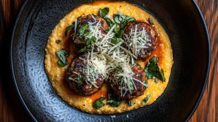 A delightful dish featuring savory meatballs on a creamy polenta base, garnished with fresh basil and grated cheese, perfect for food enthusiasts and culinary lovers.の素材